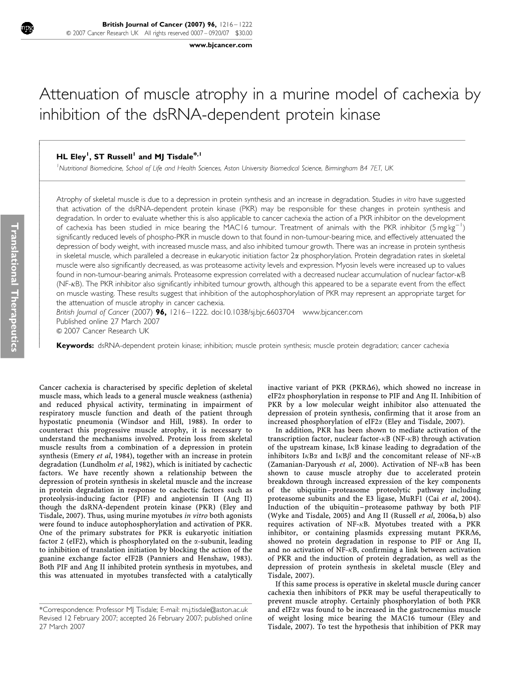 Attenuation Of Muscle Atrophy In A Murine Model Of Cachexia By