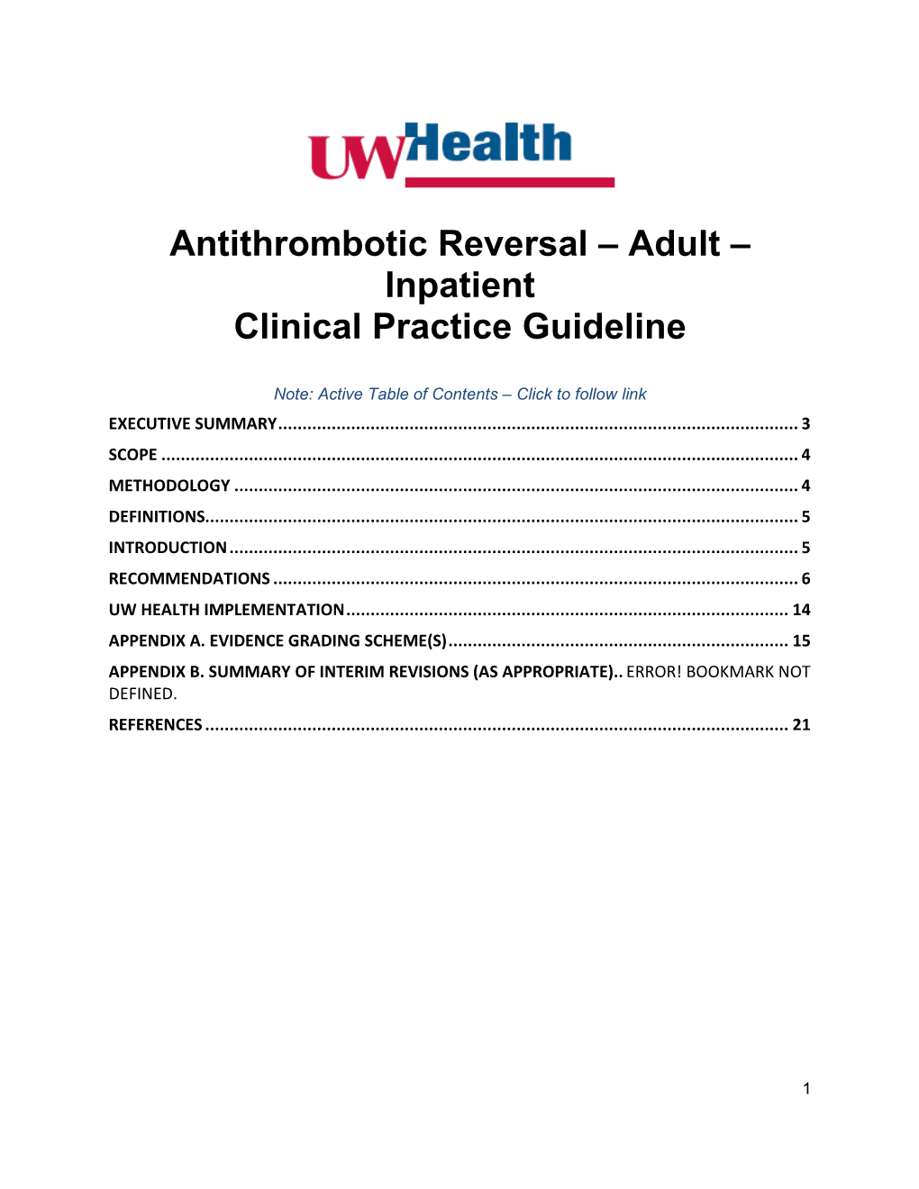 Antithrombotic Reversal Adult Inpatient Clinical Practice Guideline