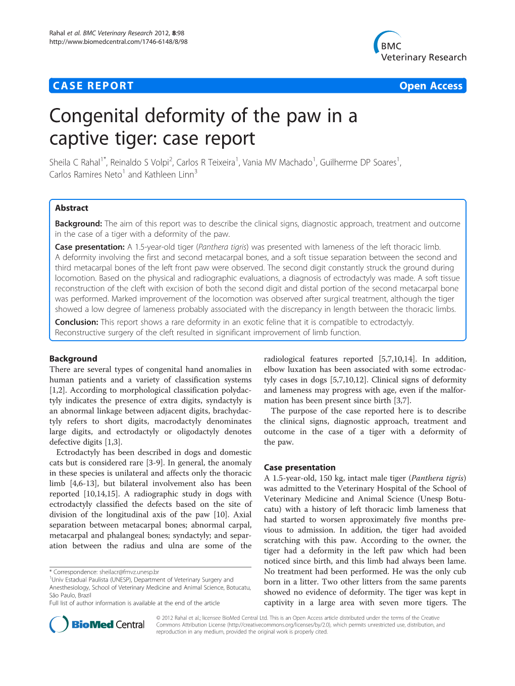 Congenital Deformity Of The Paw In A Captive Tiger Case Report DocsLib