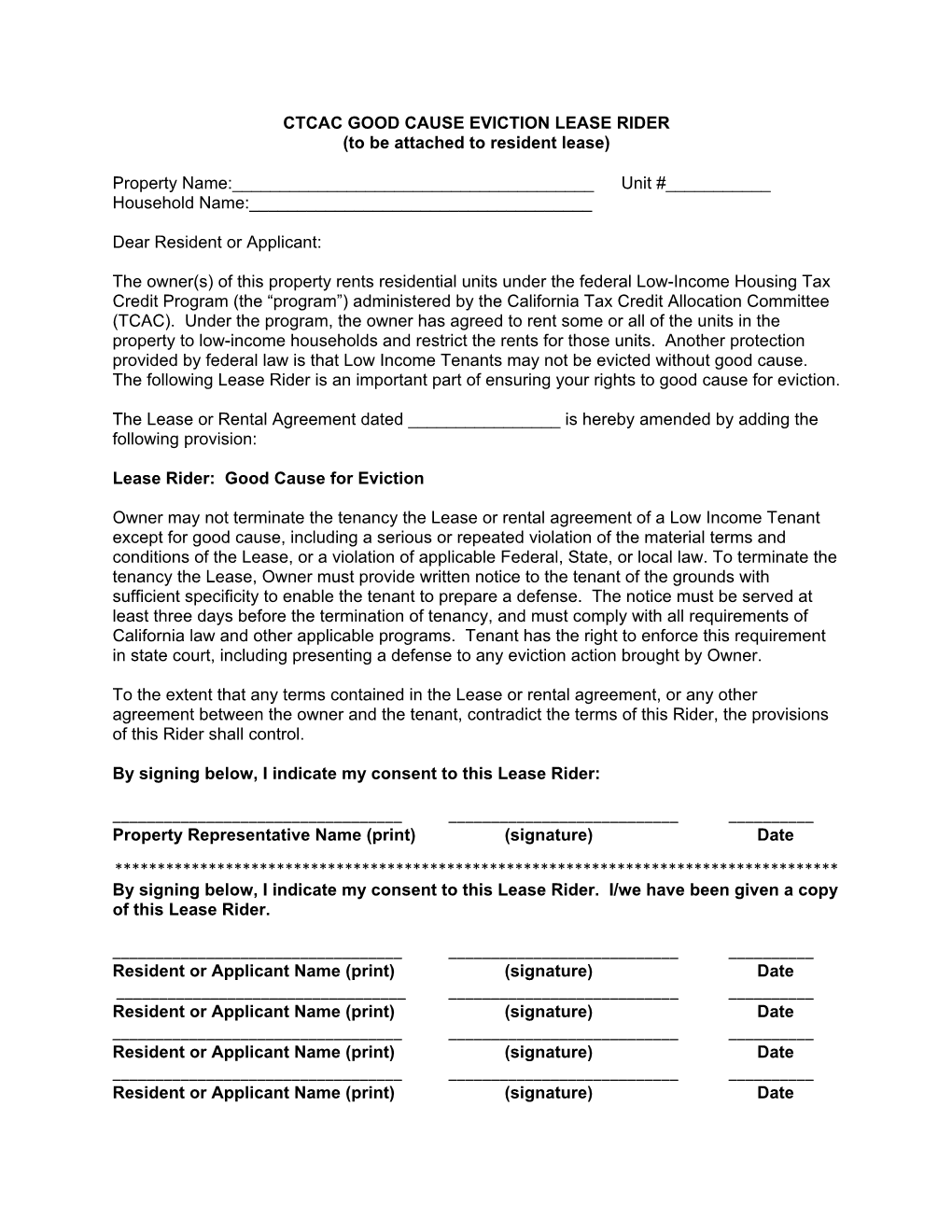 CTCAC GOOD CAUSE EVICTION LEASE RIDER To Be Attached To Resident Lease