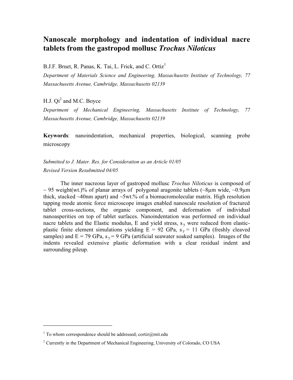 Nanoscale Morphology And Indentation Of Individual Nacre Tablets From