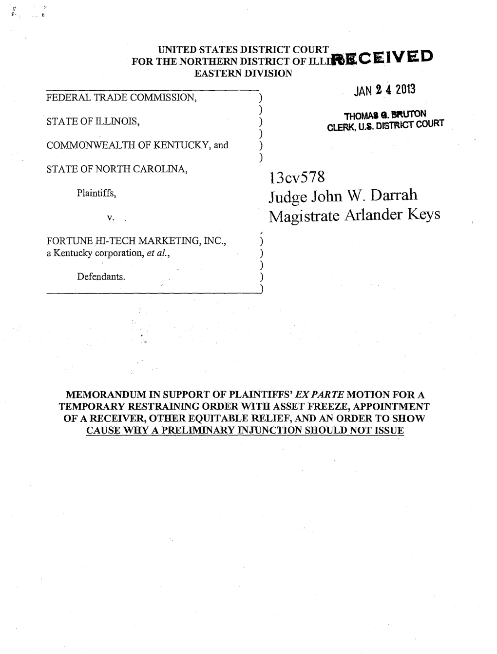 Memorandum In Support Of Plaintiffs Ex Parte Motion For A Temporary