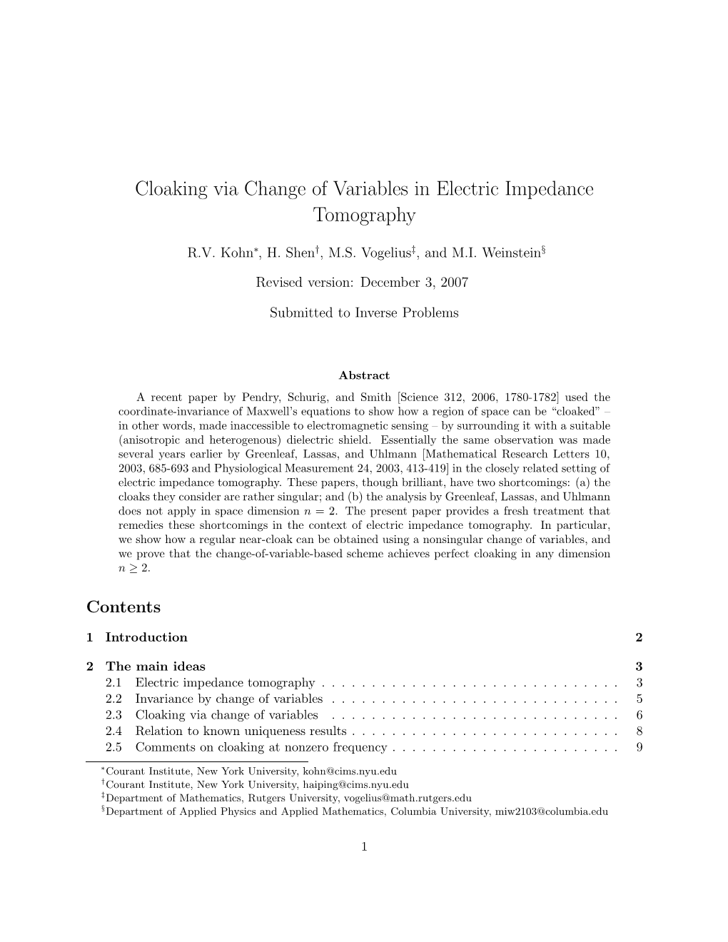 Cloaking Via Change of Variables in Electric Impedance Tomography