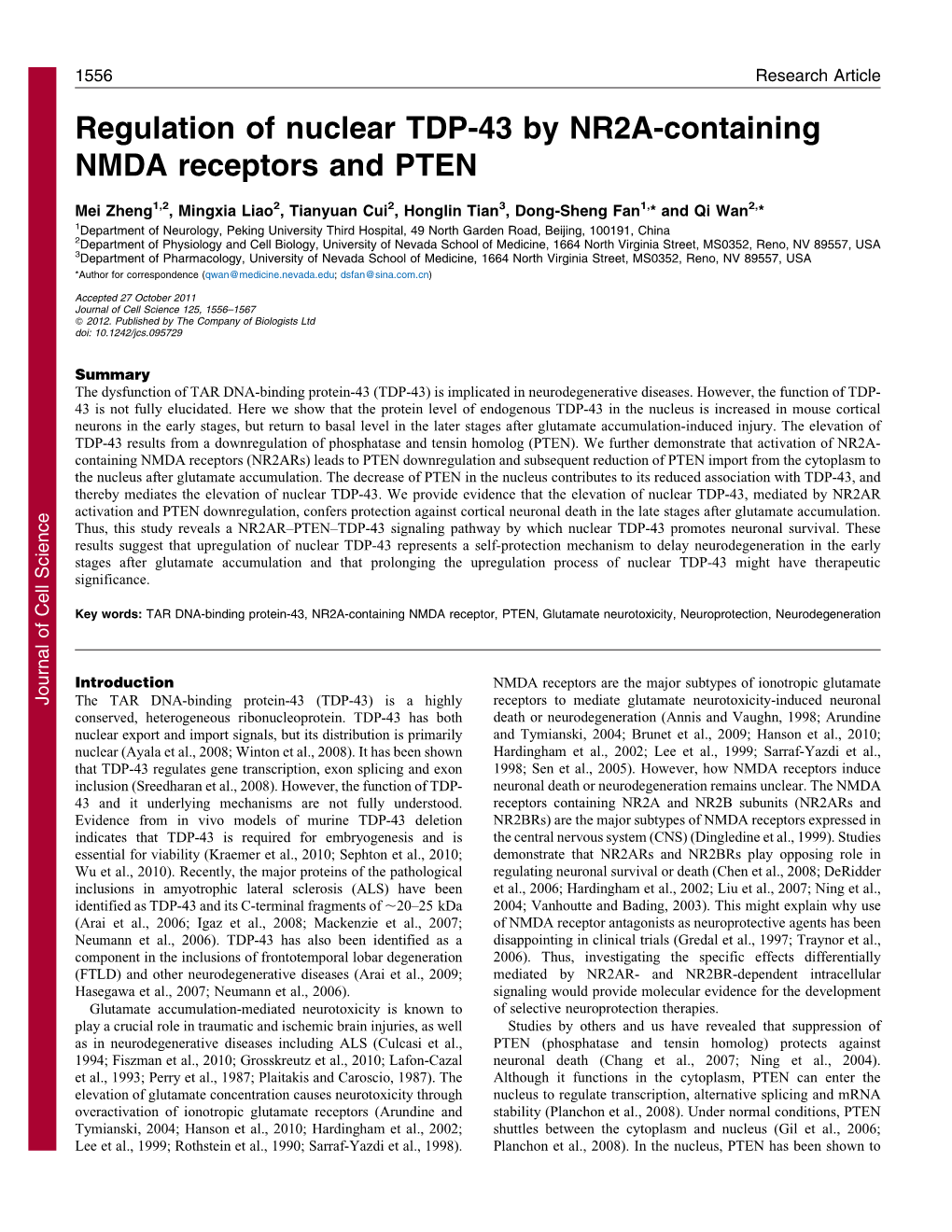 Regulation Of Nuclear Tdp By Nr A Containing Nmda Receptors And Pten