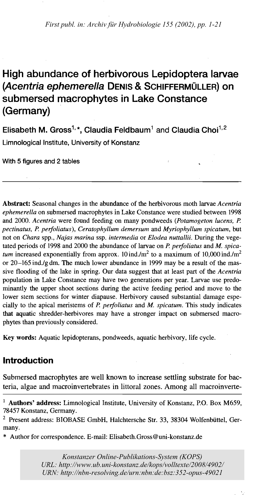 High Abundance of Herbivorous Lepidoptera Larvae (Acentria Ephemerella DENIS & Schiffermüller) on Submersed Macrophytes in Lake Constance (Germany)