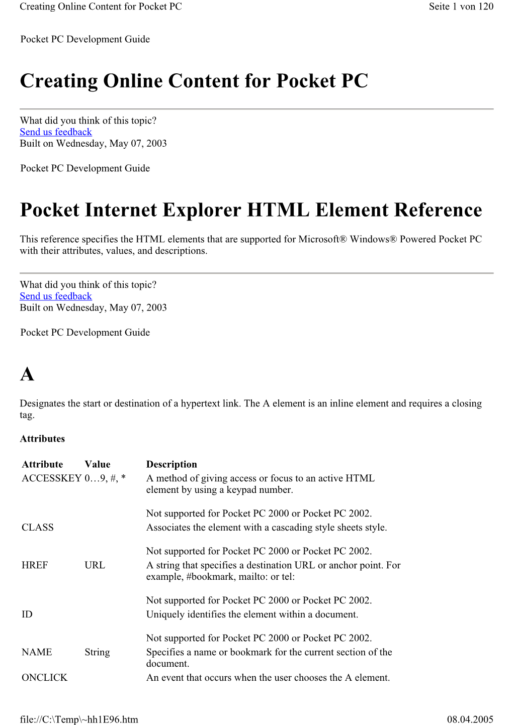 Creating Online Content for Pocket PC Pocket Internet Explorer HTML