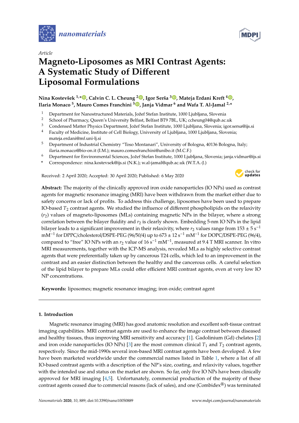 Magneto-Liposomes As MRI Contrast Agents: a Systematic Study of Different Liposomal Formulations