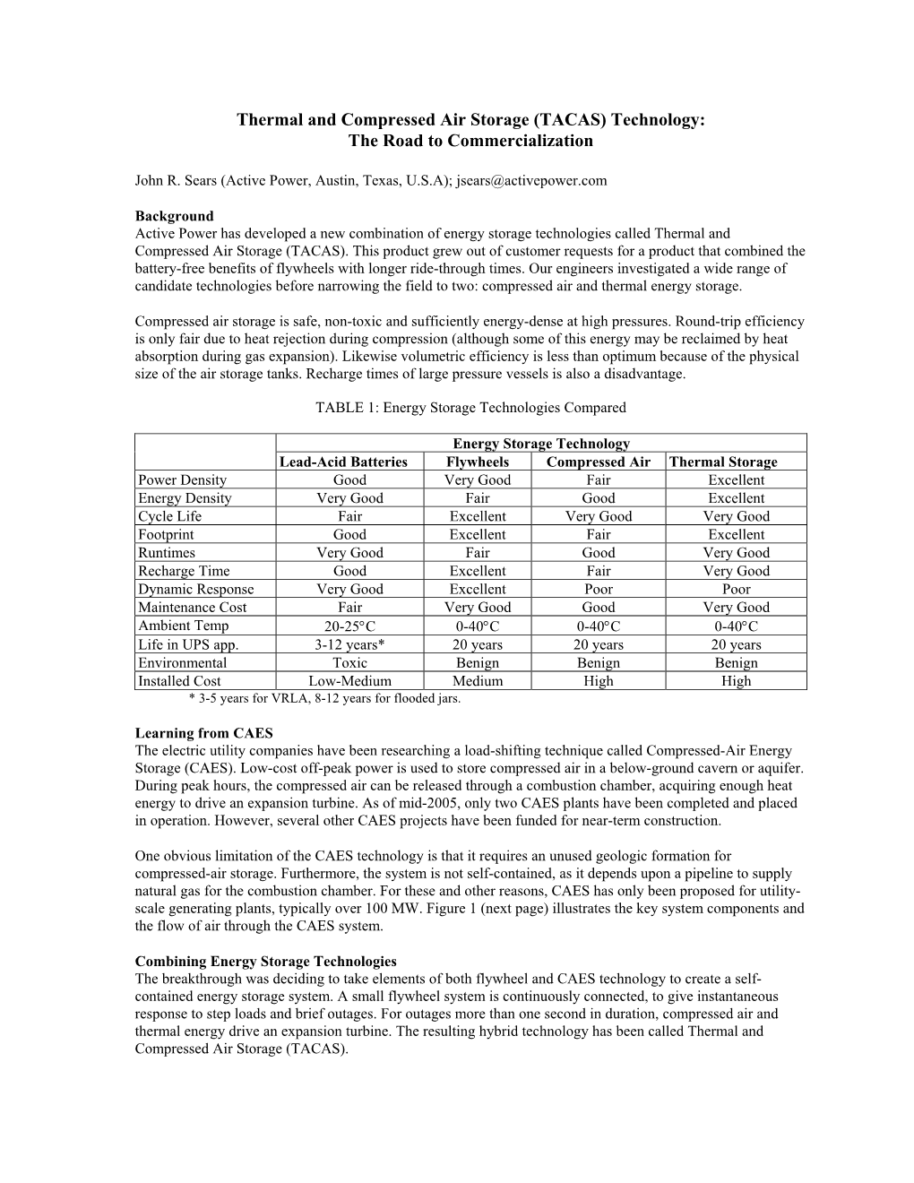 Thermal and Compressed Air Storage (TACAS) Technology: the Road to Commercialization
