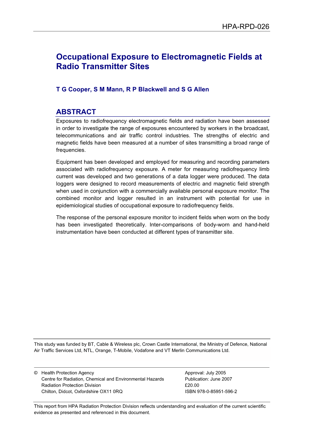 Occupational Exposure to Electromagnetic Fields at Radio Transmitter Sites