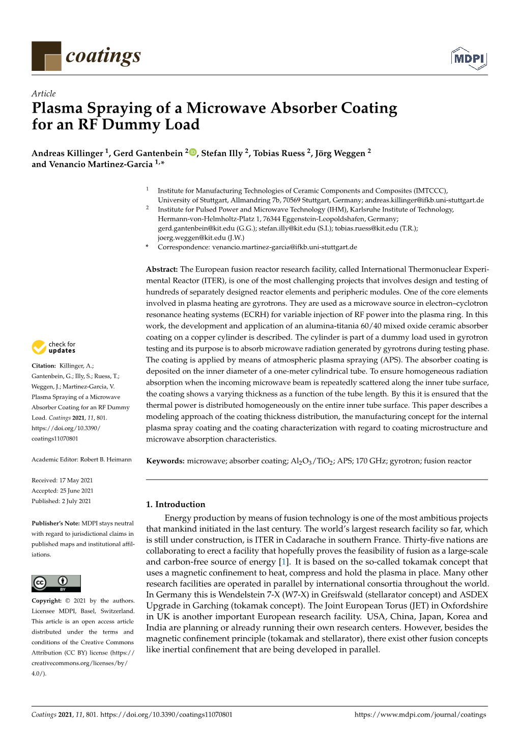 Plasma Spraying of a Microwave Absorber Coating for an RF Dummy Load