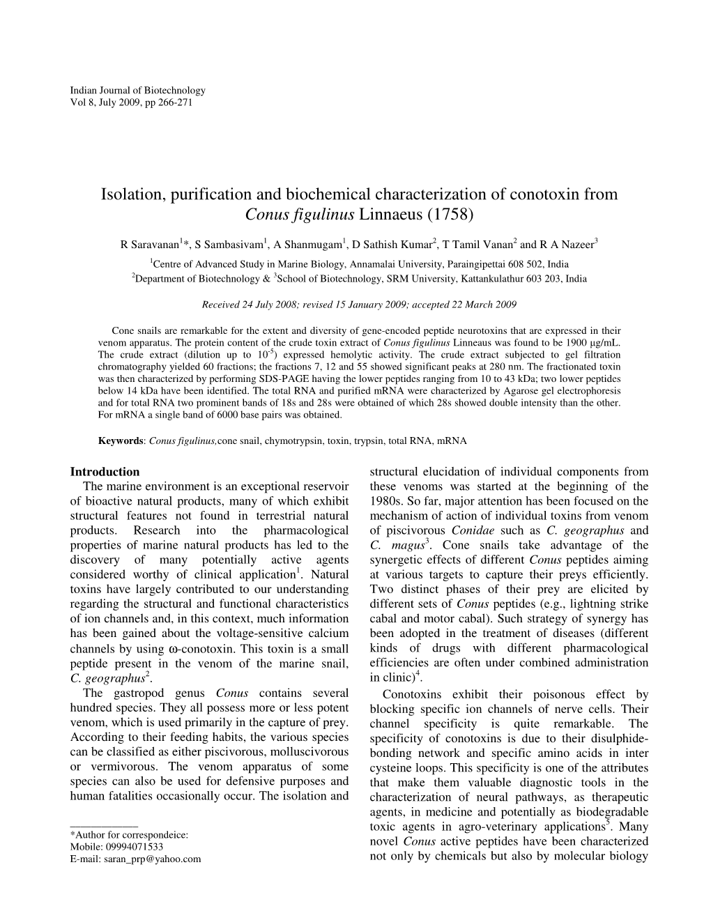 Isolation Purification And Biochemical Characterization Of Conotoxin