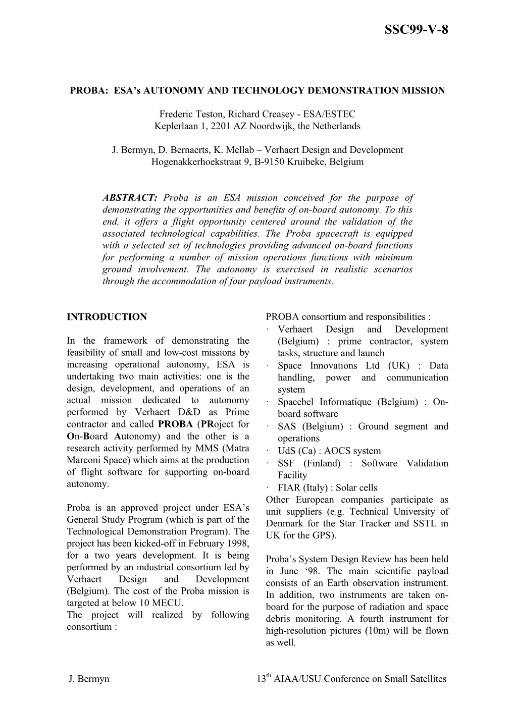 Proba: ESA's Autonomy and Technology Demonstration Mission