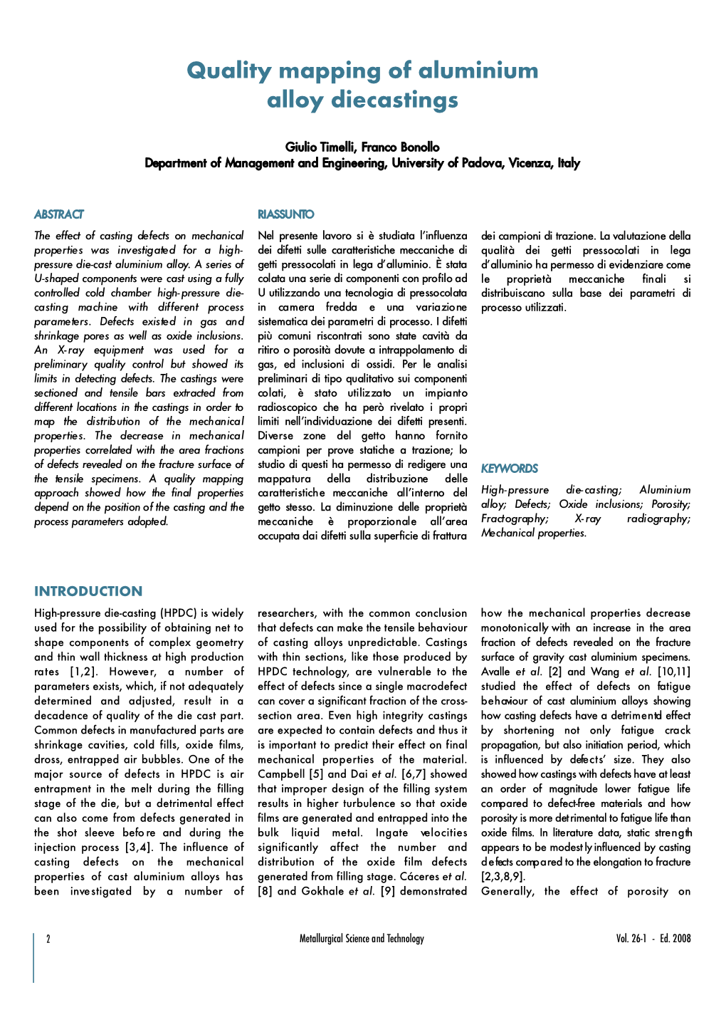 Quality Mapping of Aluminium Alloy Diecastings