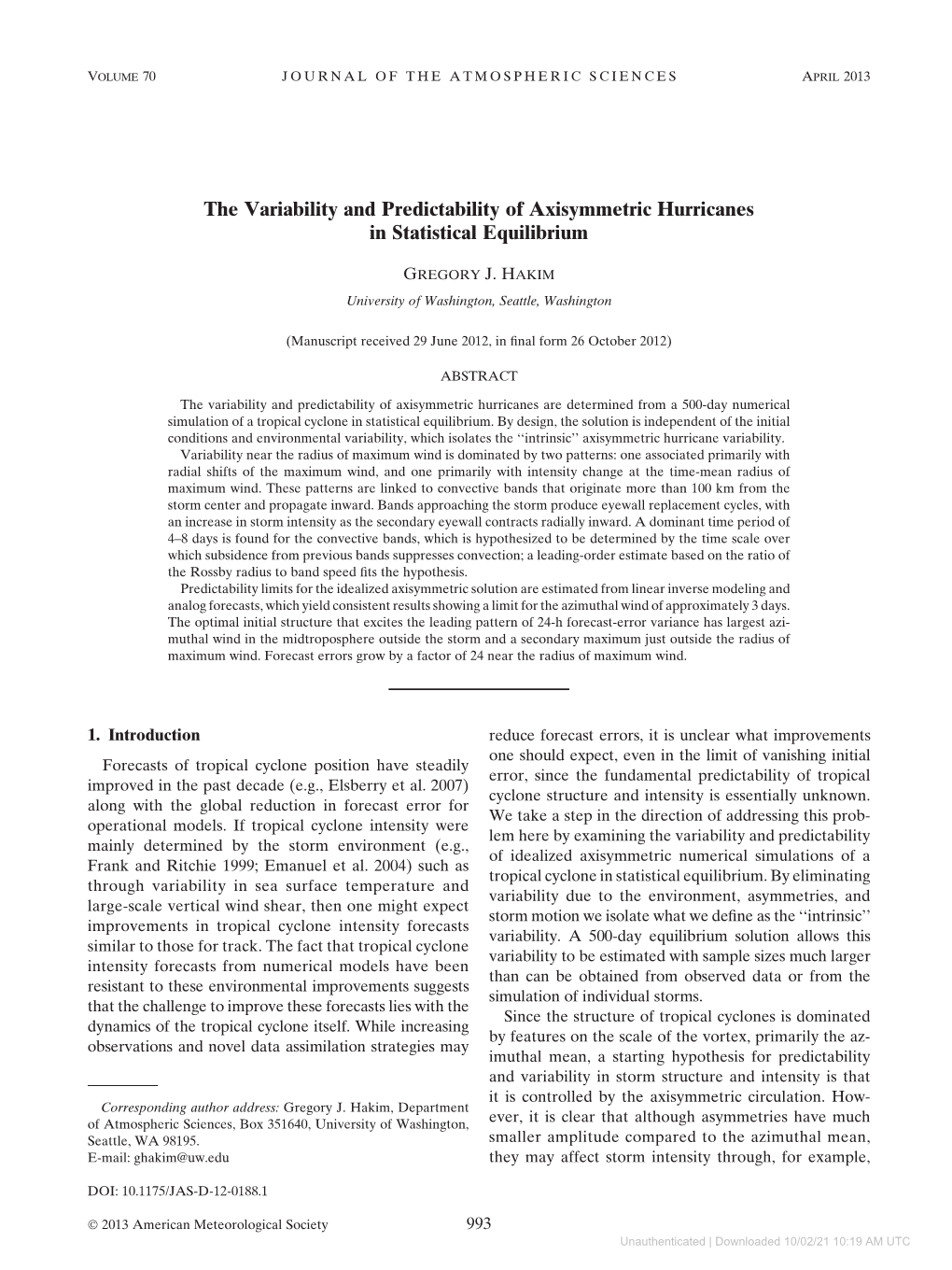 The Variability and Predictability of Axisymmetric Hurricanes in Statistical Equilibrium