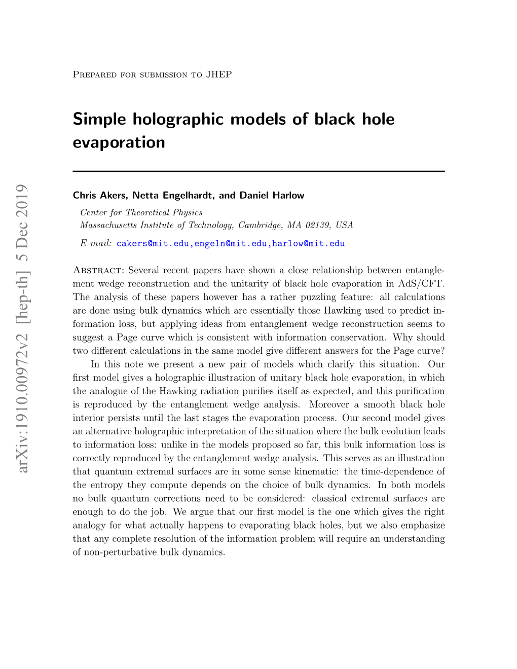 Simple Holographic Models of Black Hole Evaporation Arxiv:1910.00972V2 [Hep-Th] 5 Dec 2019