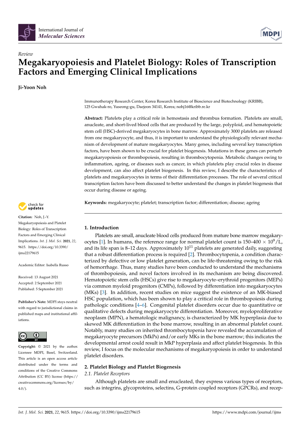 Megakaryopoiesis and Platelet Biology: Roles of Transcription Factors and Emerging Clinical Implications