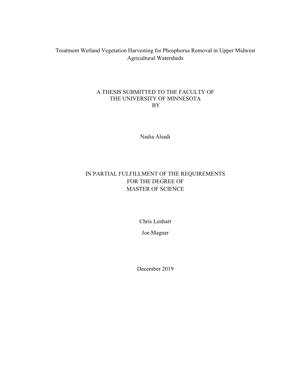 Treatment Wetland Vegetation Harvesting for Phosphorus Removal in Upper Midwest Agricultural Watersheds