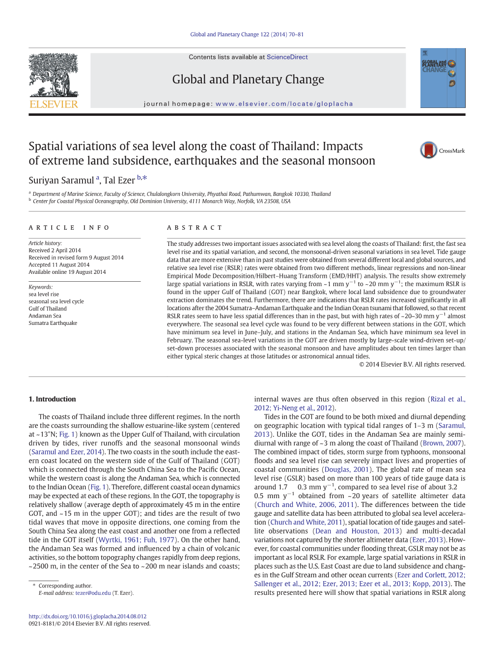 Spatial Variations of Sea Level Along the Coast of Thailand: Impacts of Extreme Land Subsidence, Earthquakes and the Seasonal Monsoon