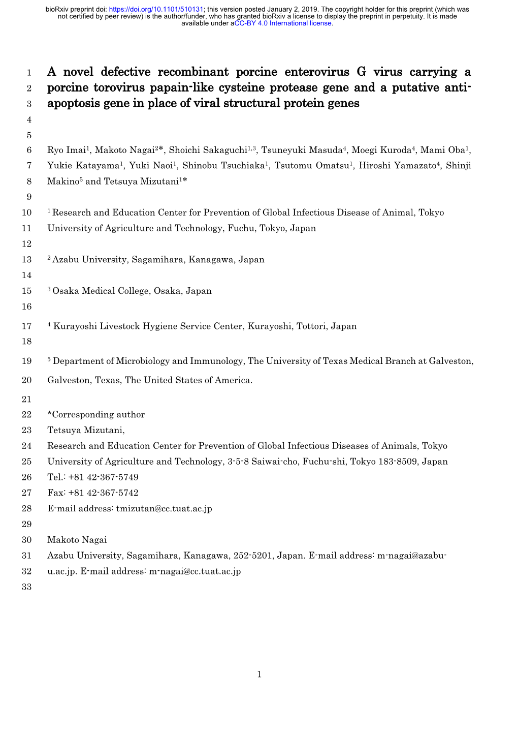 A Novel Defective Recombinant Porcine Enterovirus G Virus Carrying A