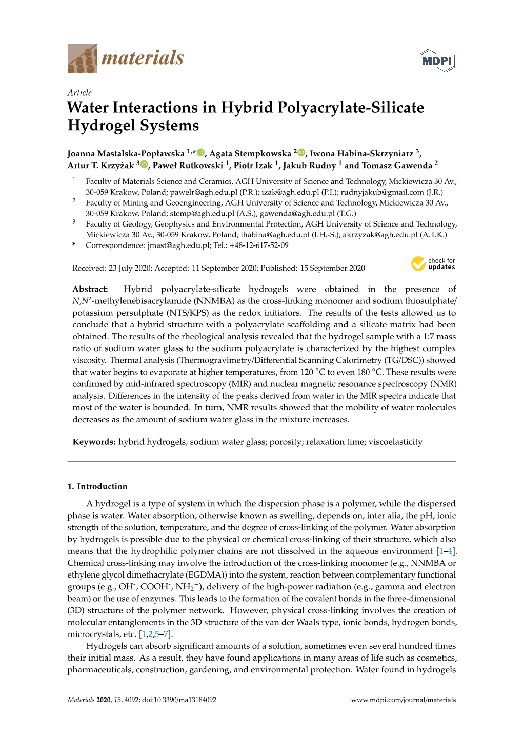 Water Interactions in Hybrid Polyacrylate-Silicate Hydrogel Systems