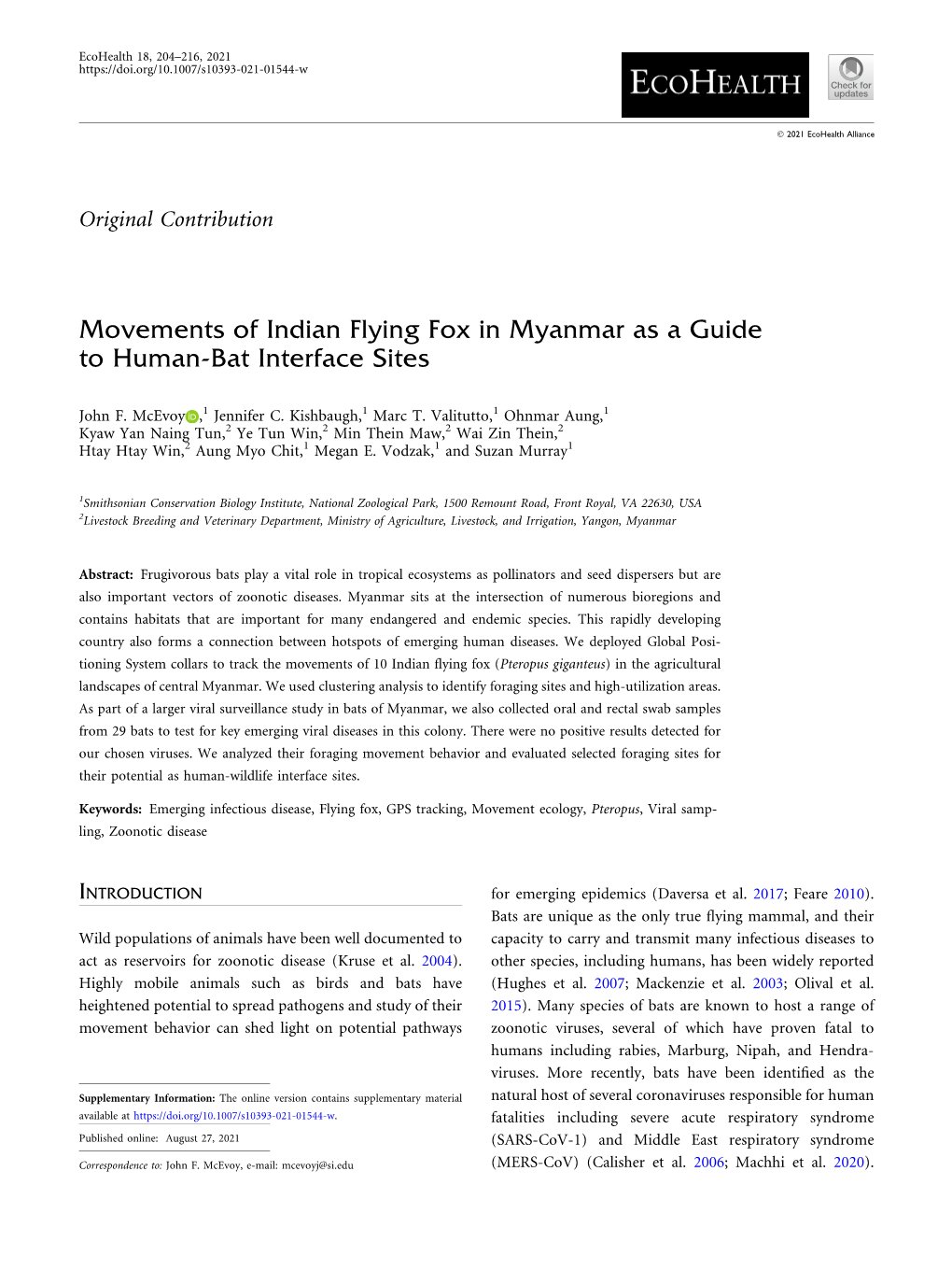 Movements Of Indian Flying Fox In Myanmar As A Guide To Human Bat