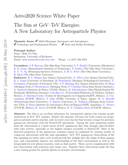 Astro2020 Science White Paper the Sun at Gev–Tev Energies: a New Laboratory for Astroparticle Physics
