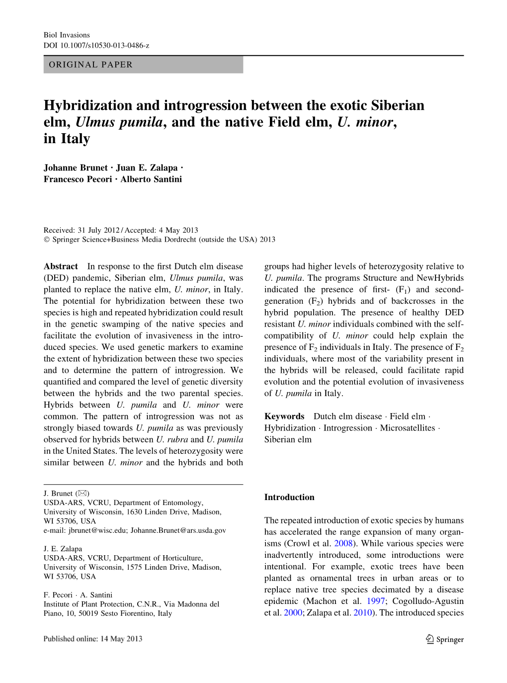 Hybridization And Introgression Between The Exotic Siberian Elm Ulmus