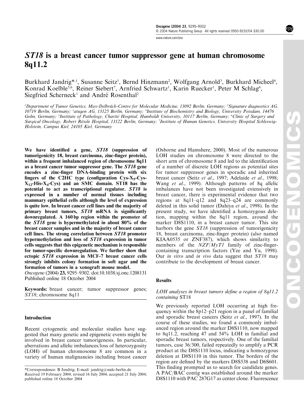 Is A Breast Cancer Tumor Suppressor Gene At Human Chromosome Q