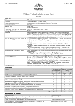 RTU Course "Analytical Mechanics. Advanced Course" 25601 Null General Data Code MTM639 Course Title Analytical Mechanics