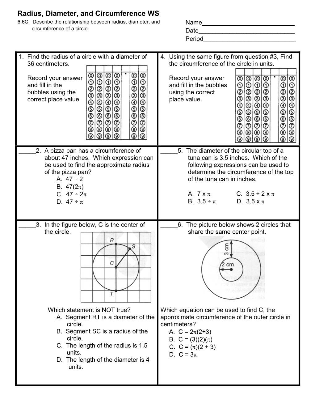 Radius Diameter And Circumference Ws C Describe The Relationship