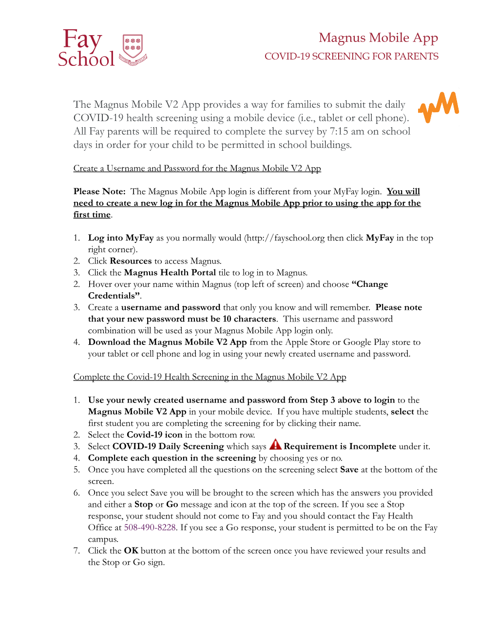 Magnus Mobile App COVID-19 SCREENING for PARENTS