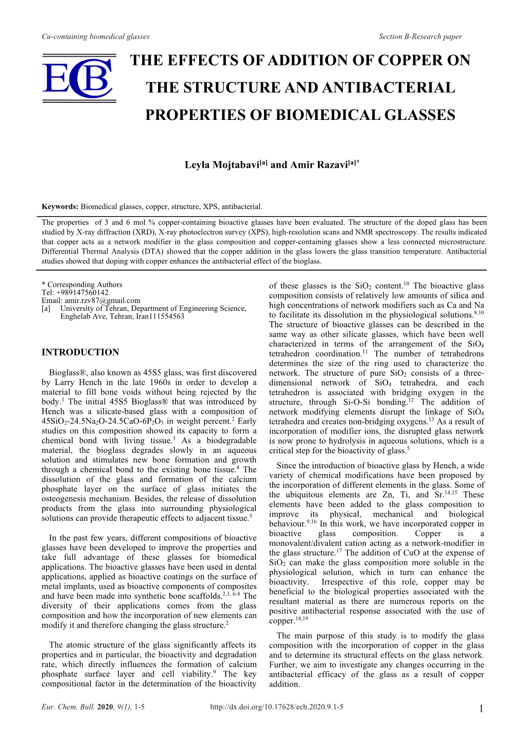 The Effects of Addition of Copper on the Structure and Antibacterial Properties of Biomedical Glasses