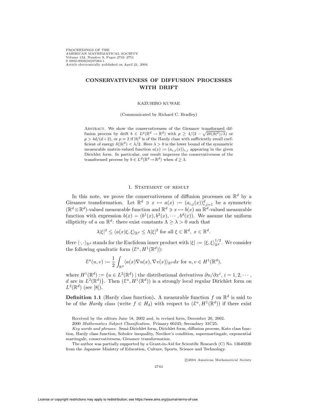Conservativeness of Diffusion Processes with Drift