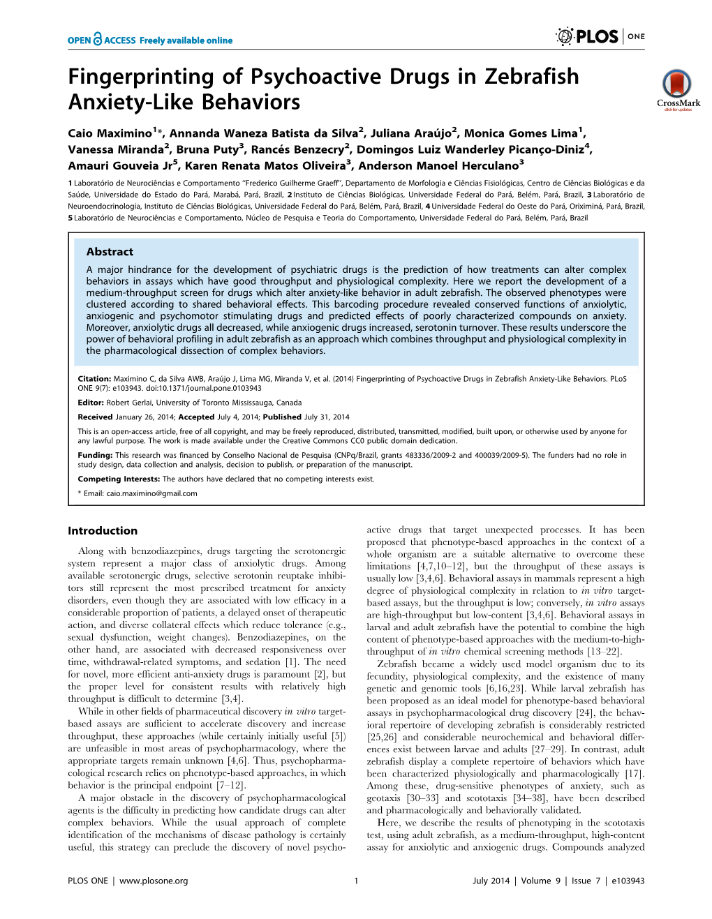 Fingerprinting of Psychoactive Drugs in Zebrafish Anxiety-Like Behaviors