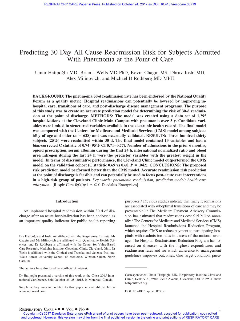 Predicting 30-Day All-Cause Readmission Risk for Subjects Admitted with Pneumonia at the Point of Care