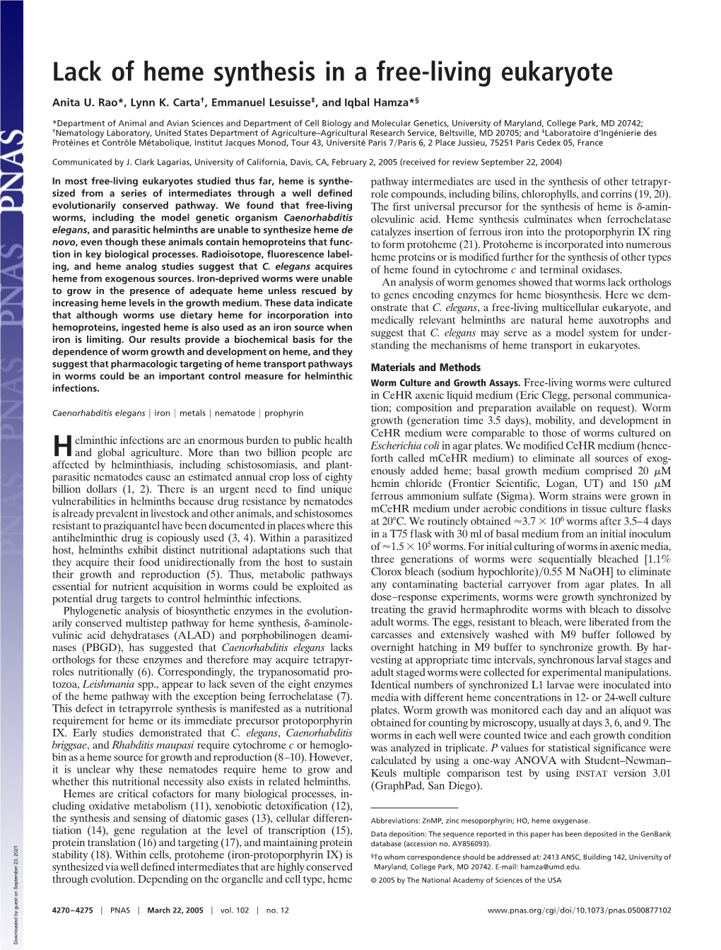 Lack of Heme Synthesis in a Free-Living Eukaryote