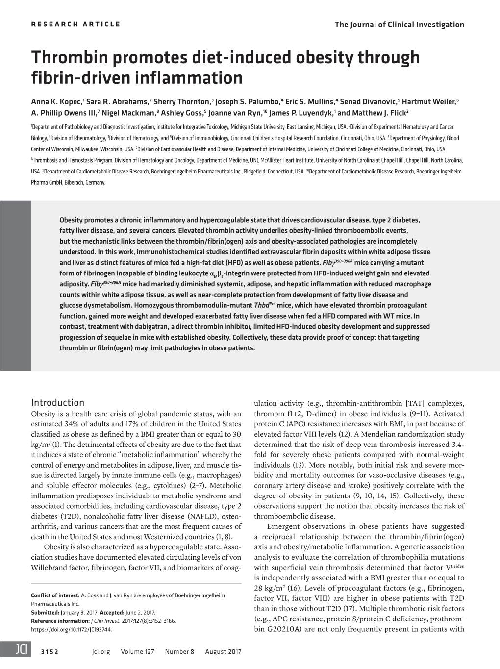 Thrombin Promotes Diet-Induced Obesity Through Fibrin-Driven Inflammation