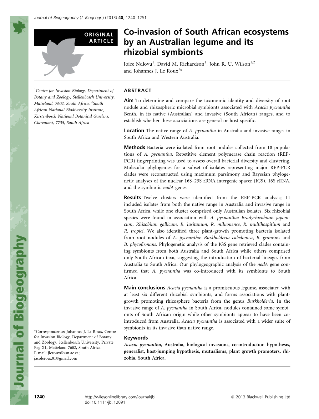 Coinvasion of South African Ecosystems by an Australian