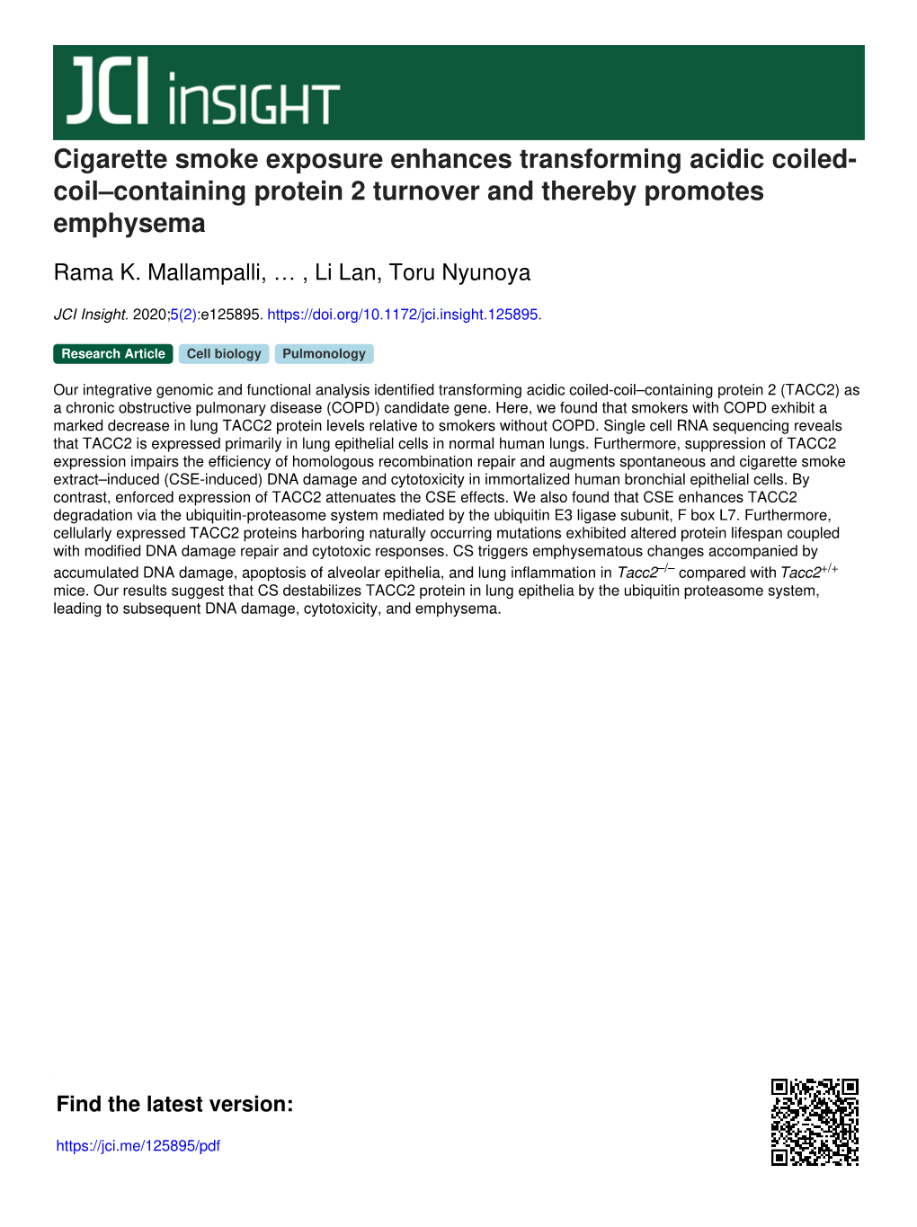 Cigarette Smoke Exposure Enhances Transforming Acidic Coiled- Coil–Containing Protein 2 Turnover and Thereby Promotes Emphysema