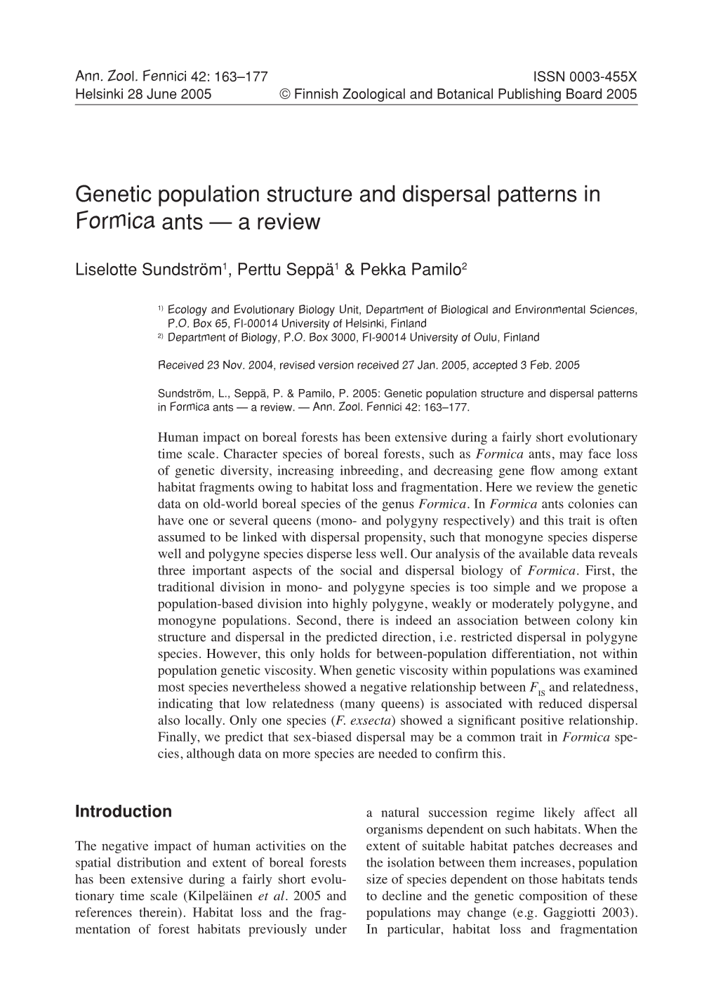 Genetic Population Structure and Dispersal Patterns in Formica Ants — a Review