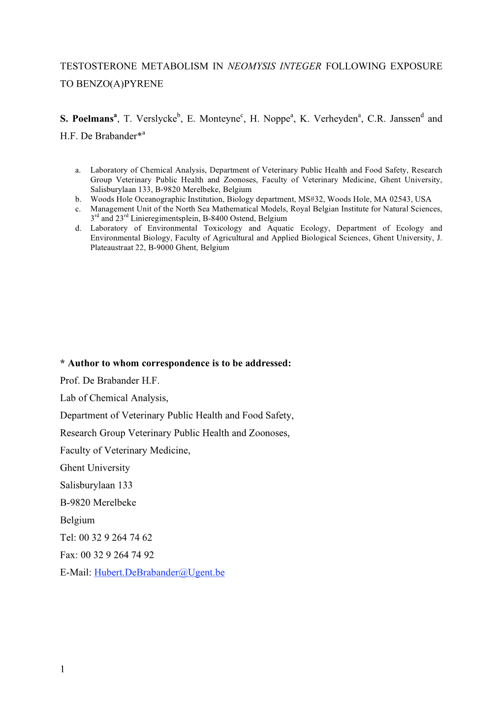 1 Testosterone Metabolism in Neomysis Integer Following