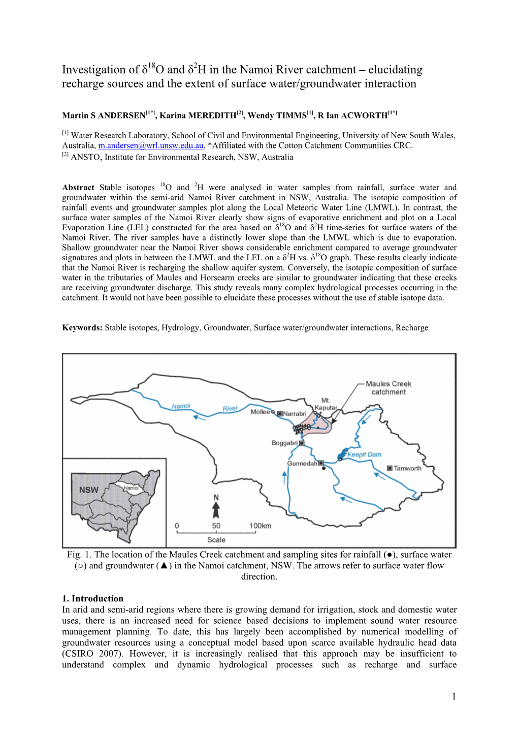 Investigation of Δ18o and Δ2h in the Namoi River Catchment – Elucidating Recharge Sources and the Extent of Surface Water/Groundwater Interaction