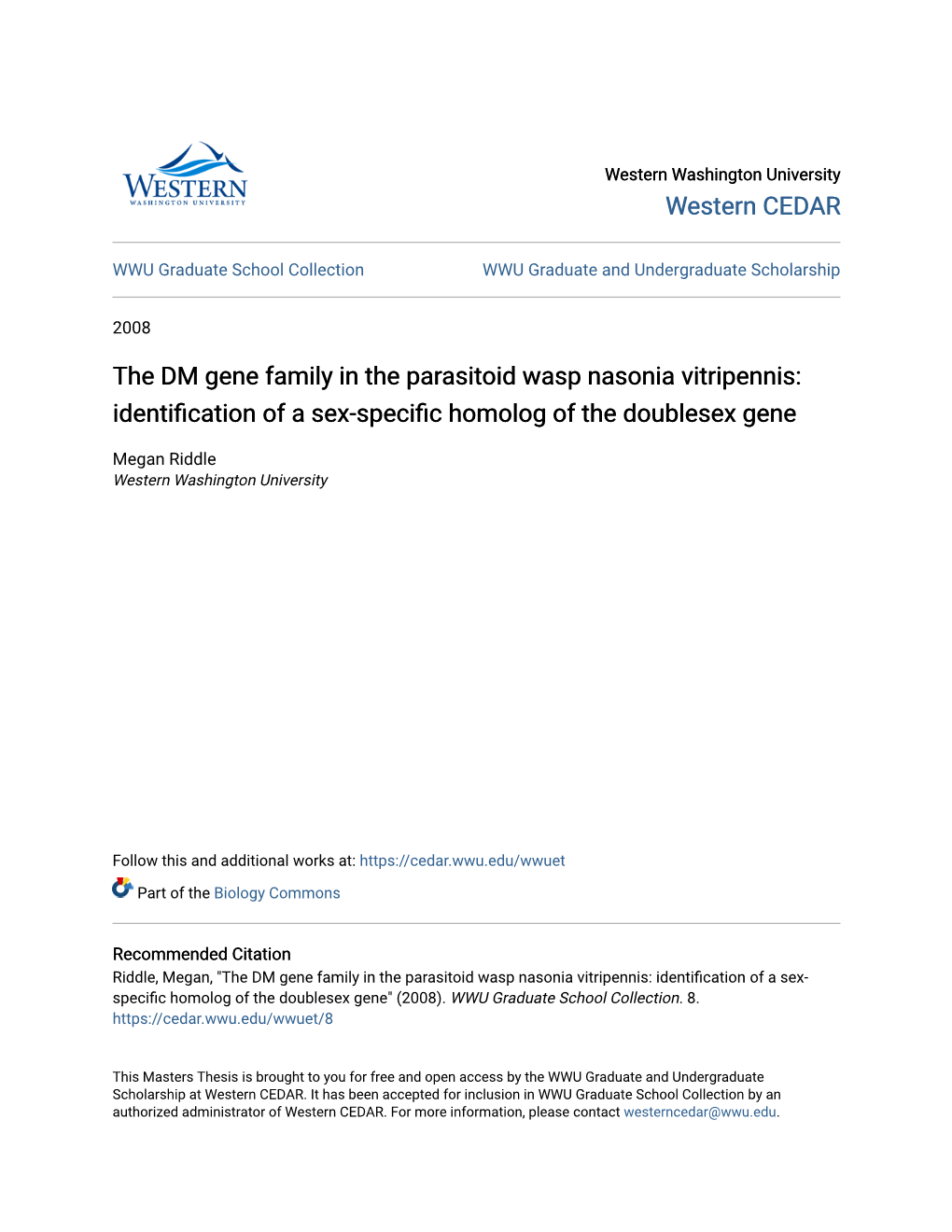 The DM Gene Family in the Parasitoid Wasp Nasonia Vitripennis: Identification of a Sex-Specific Homolog of the Doublesex Gene