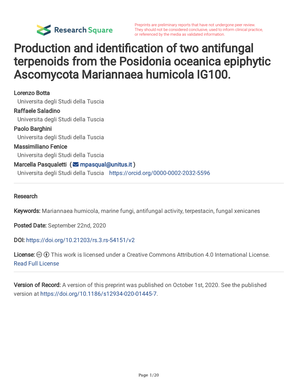 Production and Identi Cation of Two Antifungal Terpenoids from The