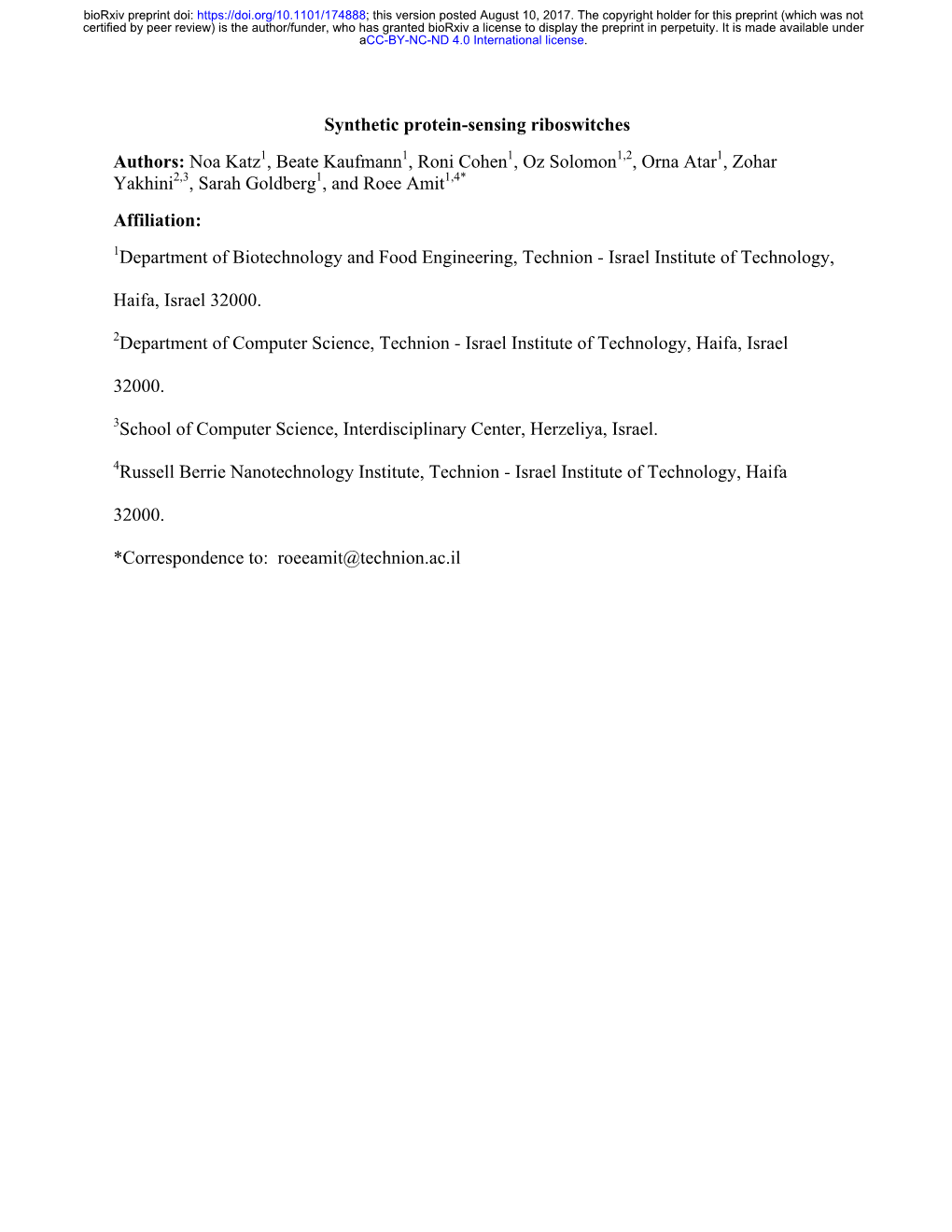 Synthetic Protein-Sensing Riboswitches