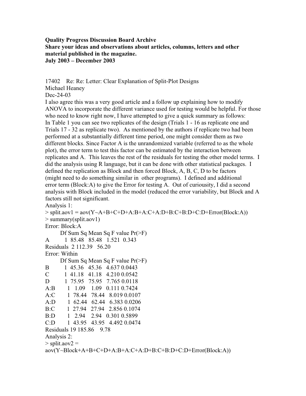 Quality Progress Discussion Board Archive Share Your Ideas and Observations About Articles, Columns, Letters and Other Material Published in the Magazine