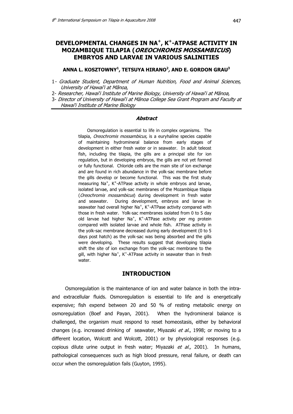 Mozambique Tilapia (Oreochromis Mossambicus) Embryos and Larvae in Various Salinities