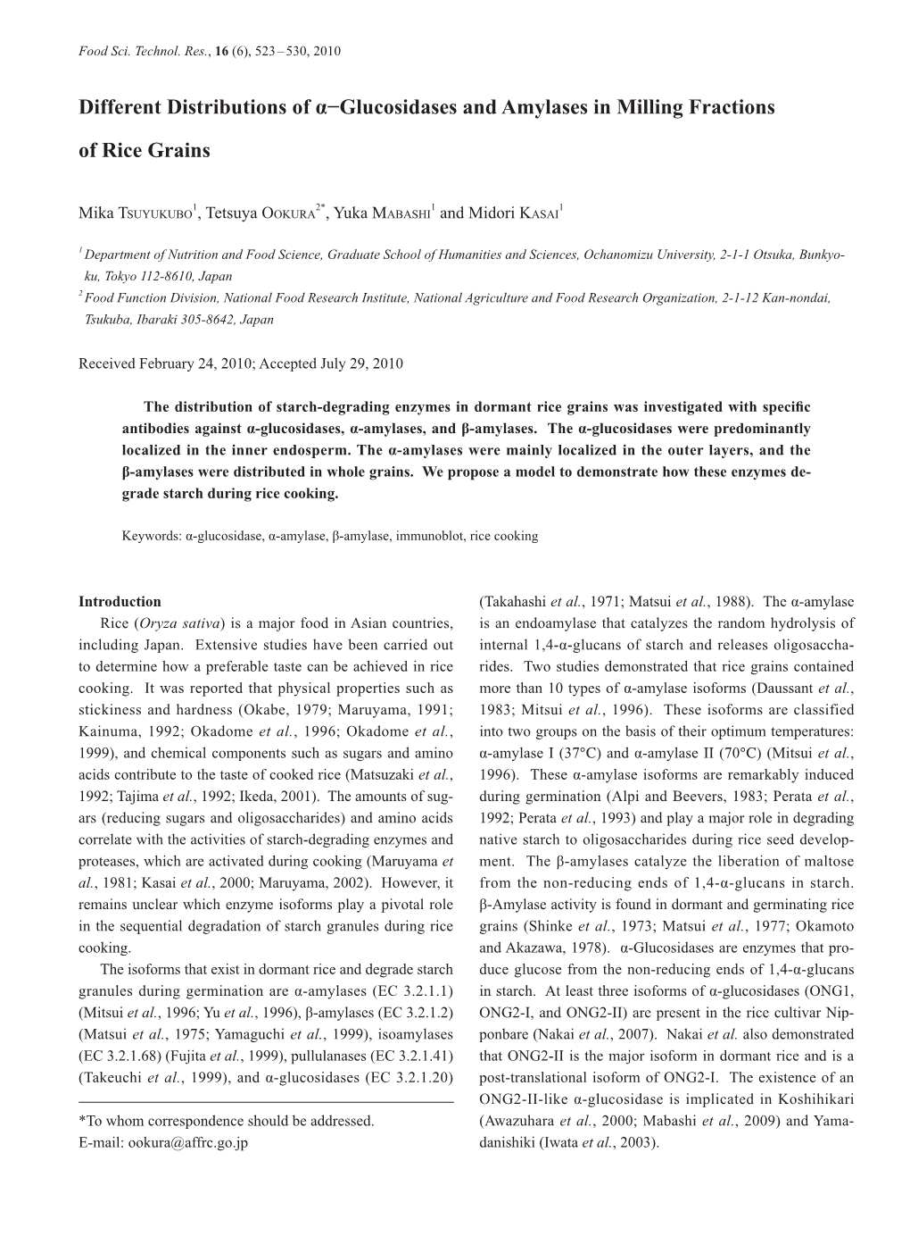 Different Distributions of Α−Glucosidases and Amylases in Milling Fractions of Rice Grains