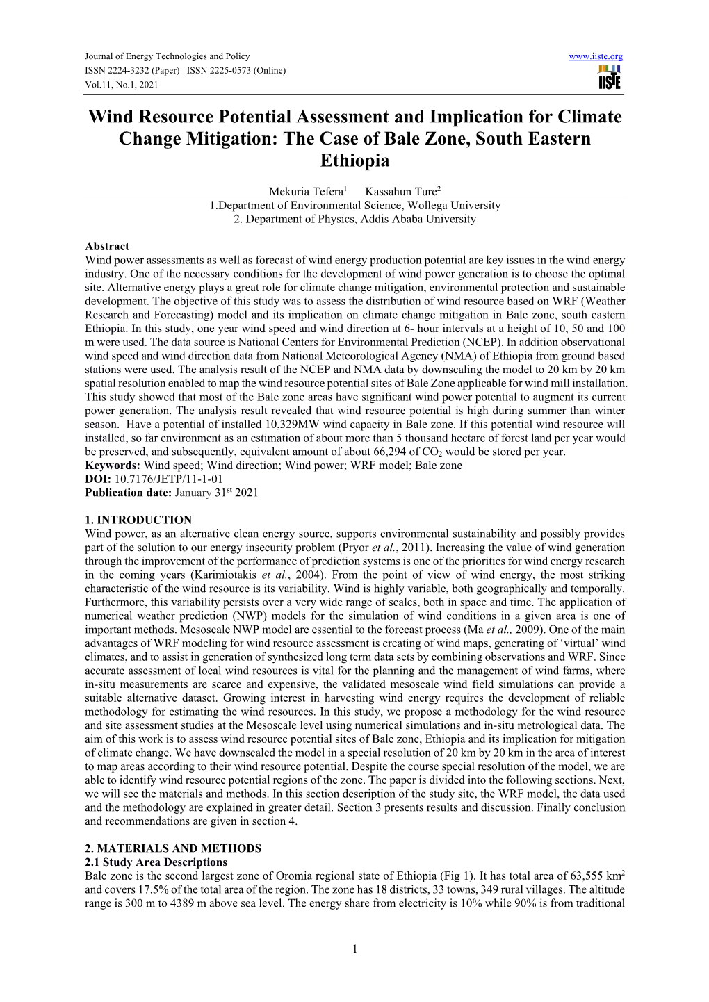 Wind Resource Potential Assessment and Implication for Climate Change Mitigation: the Case of Bale Zone, South Eastern Ethiopia