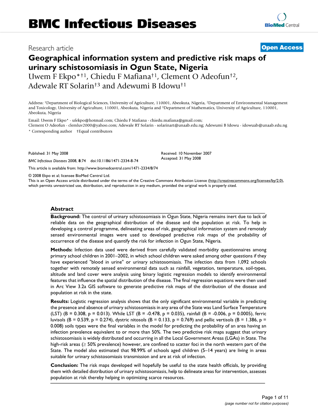 Geographical Information System and Predictive Risk Maps of Urinary Schistosomiasis in Ogun State, Nigeria